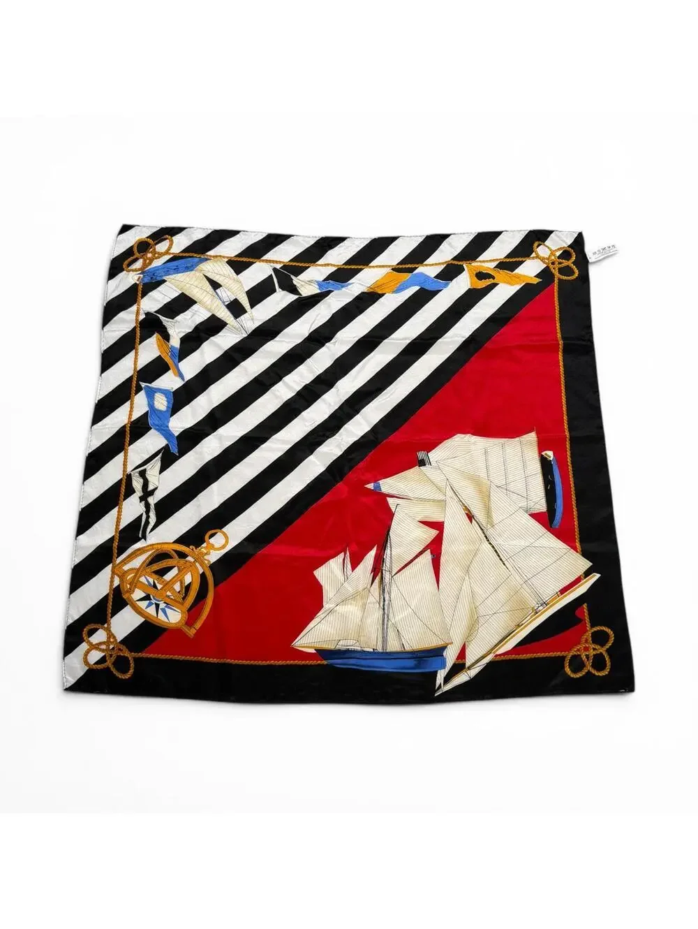 Vintage Liz Claiborne 100% Silk Nautical Print Scarf Black White Red Gold